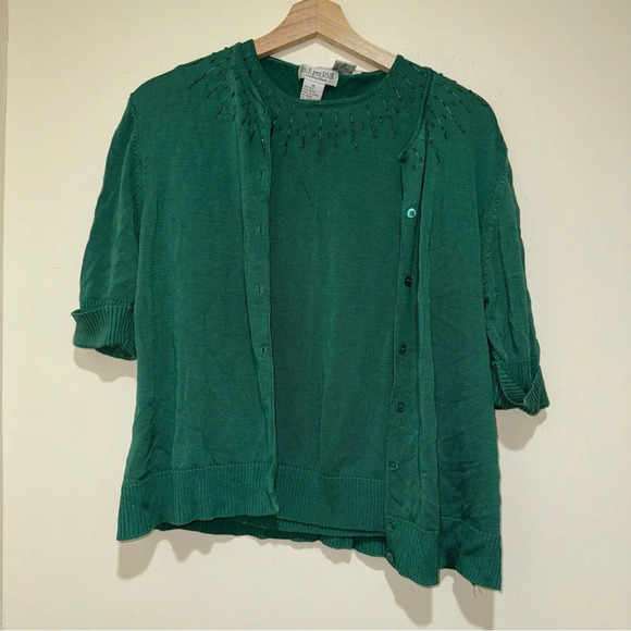Women’s Vintage Dué Per Dué Brand Silk Green Beaded Tank Top Cardigan Size: XL - Picture 9 of 16